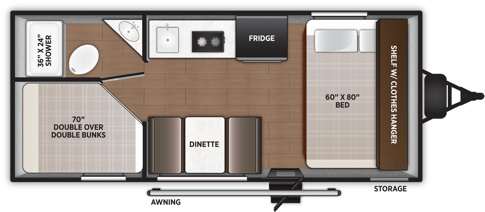 The Airelume 160 floorplan has one entry and zero slide outs. Exterior features include: metal exterior. Interiors features include: bunk beds and front bedroom.